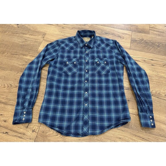 Wrangler Pearl Snap Shirt Mens M Blue Plaid Western Cowboy Sawtooth Pockets Yoke - Picture 2 of 10